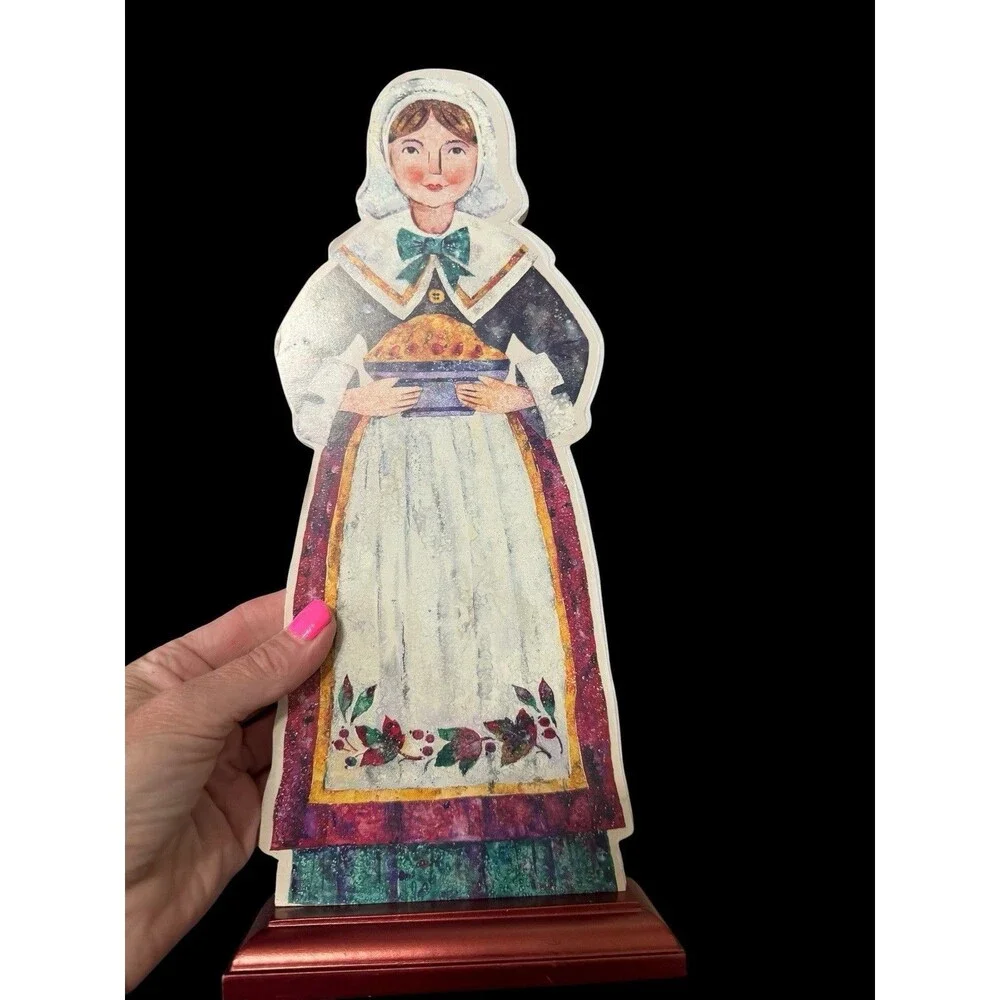 3 Vtg Hallmark Thanksgiving Pilgrims Turkey Die Cut Wooden Stand Decorations